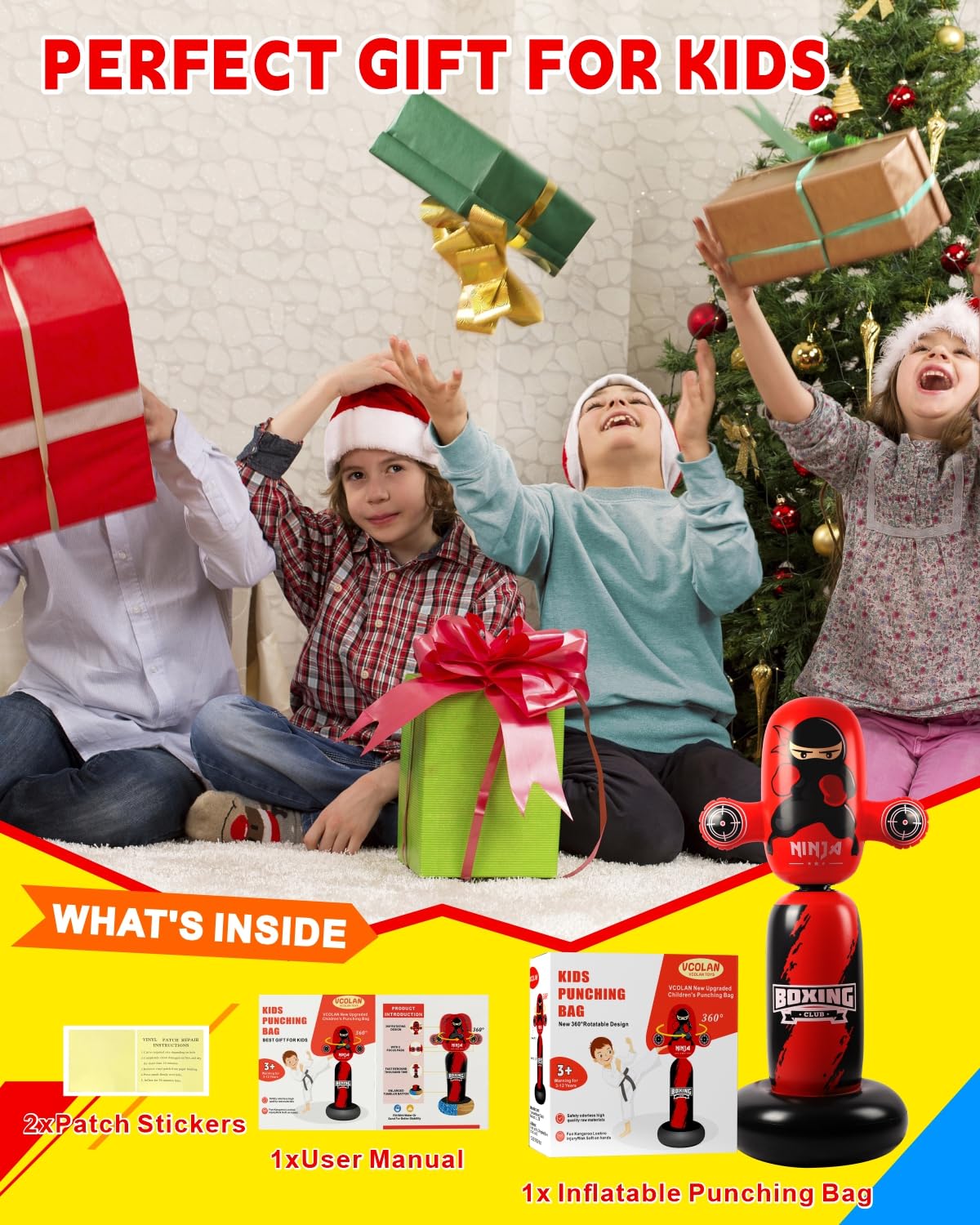 VCOLAN Punching Bag for Kids,63inch Kid Punching Bag,New Upgraded 360°Rotating Inflatable Boxing Bag Ninja Toy Christmas Birthday Gift for Boys Age 3-12