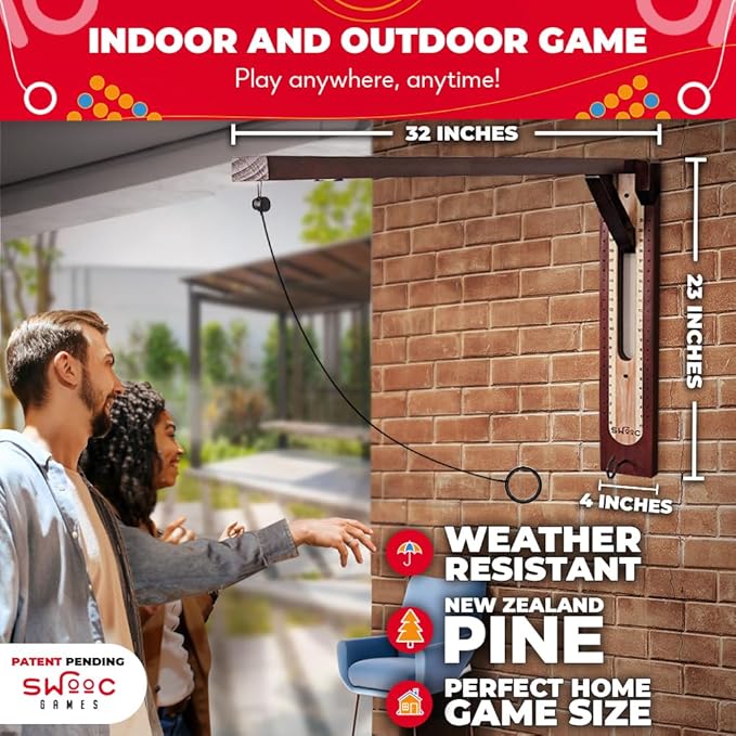 SWOOC Games - Hideaway Hook and Ring Game On A String - Weather Resistant & Easy Setup - Man Cave Games - Wall Activity for Game Room - Wall Ring Toss Fun for Adults - Bar Activity