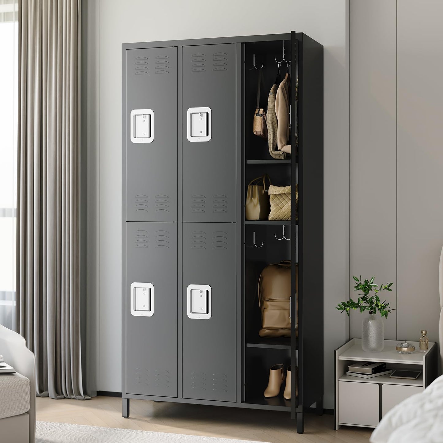 72" Industrial-Grade 9-Door Steel Storage System - 9 Shelves + 29 Multi-Purpose Hooks, Modular Locker Cabinet for Warehouse/School/Home Gym (Reinforced Steel Frame + Anti-Slip Base Plates) - Black