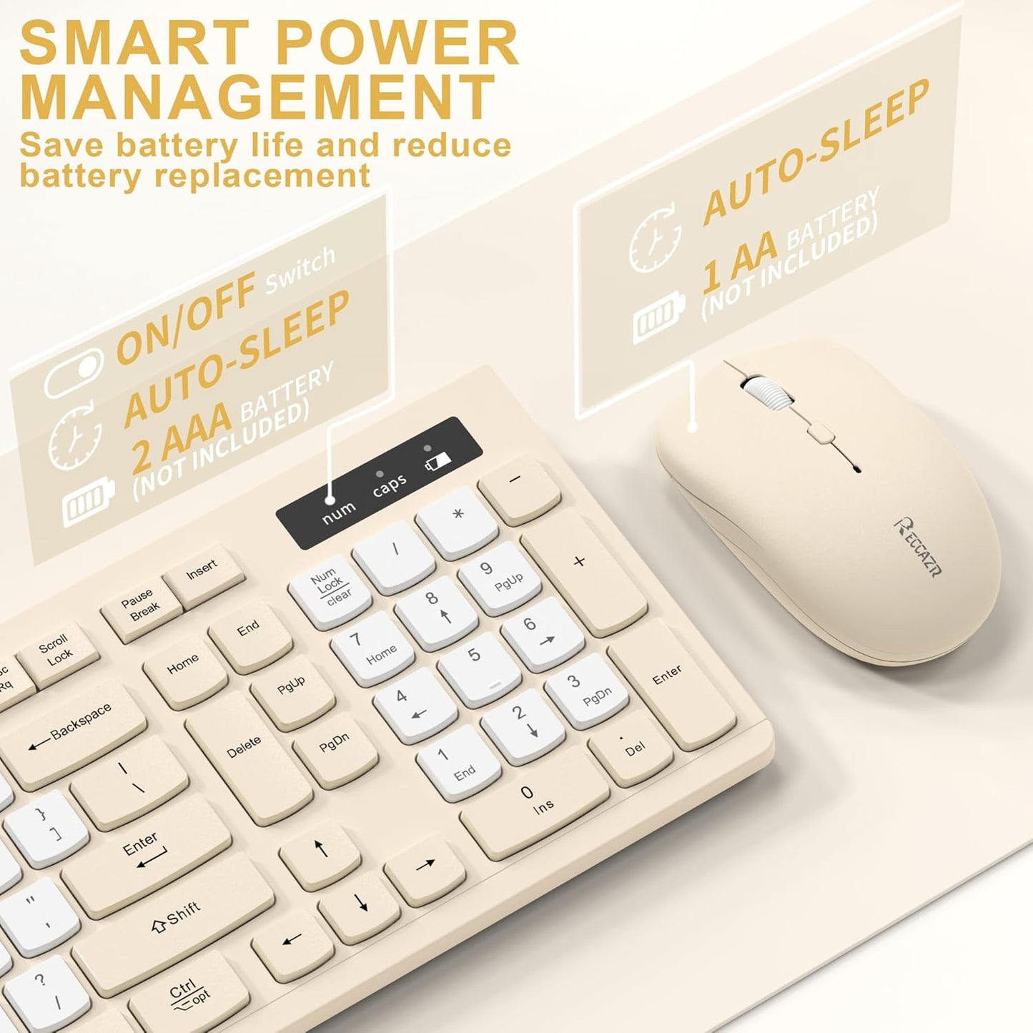 RECCAZR 2.4GHz Silent Wireless Keyboard and Mouse Combo, Full-Sized Wireless Keyboard and Adjustable DPI Mouse, USB