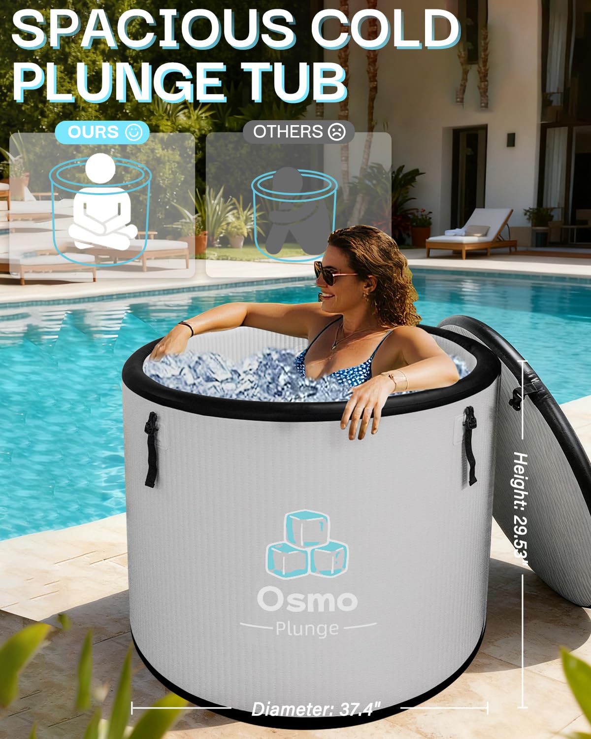 Inflatable Ice Bath Tub for Athletes Compatible with Water Chiller Cold Plunge Tub for Recovery with Insulated Lid, Groundsheet and Backpack, Drop Stitch Construction, 115 Gallon, Grey