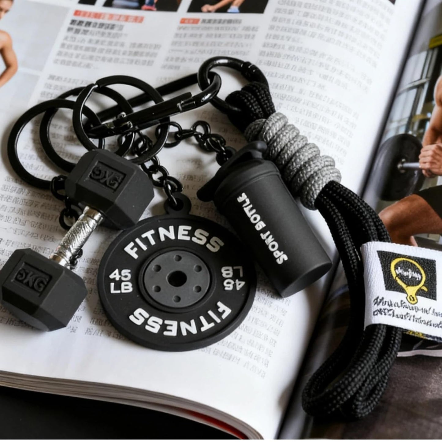 Colorful Fitness Keychain Set - Silicone Dumbbell/Kettlebell Charm, Metal Clasp, Motivational Gym Bag Accessory, Workout Gift (Fitness Bell Pot - Black)