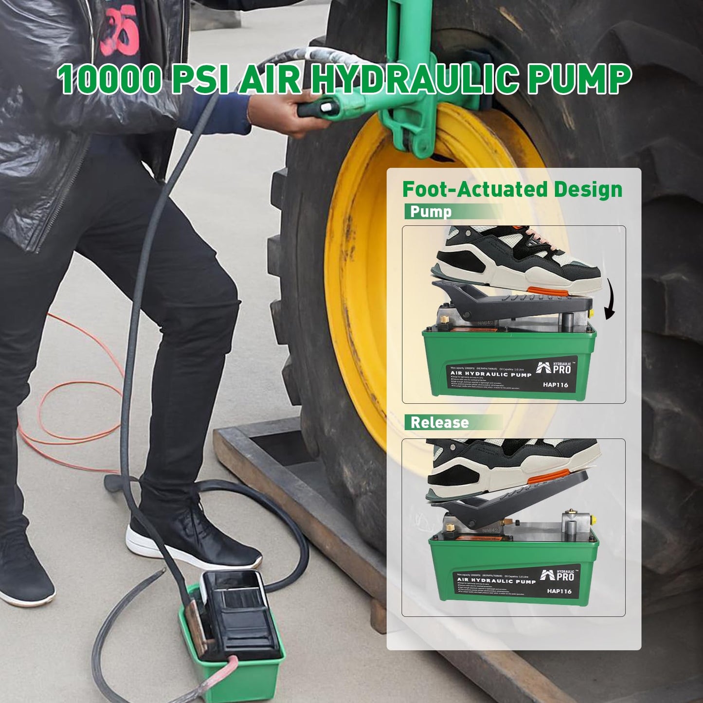 HYDRAULIC PRO 10,000 PSI Air Hydraulic Pump, 1.6L Reservoir, NPT 3/8" Oil Outlet, NPT 1/4" Inlet, Foot Pedal Operated, for Auto Body Frame Machines, Hydraulic Press, and Hole Punch, Green