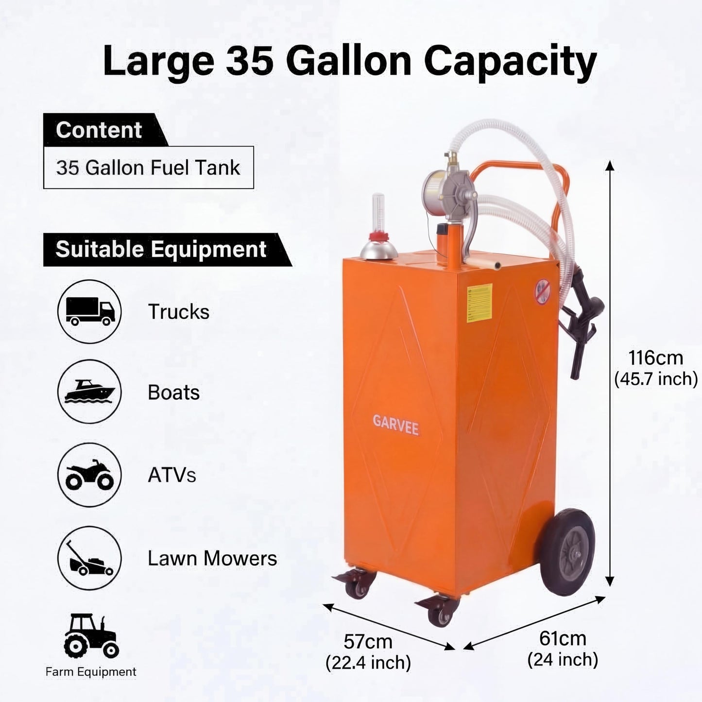 Garvee 35 Gallon Portable Fuel Caddy with Manual Rotary Pump, Heavy-Duty Steel Transfer Tank on 4 All-Terrain Wheels, Mobile Gas & Diesel Storage Container for Trucks, Boats, ATV, Lawn Mower - Orange