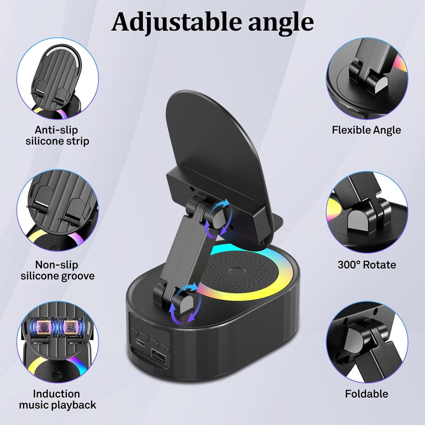 AKLLCCR 5in1 (3000mAh) 300 Wireless Induction Audio Bluetooth Speaker Phone Holder Emergency Rechargeable with Colorful