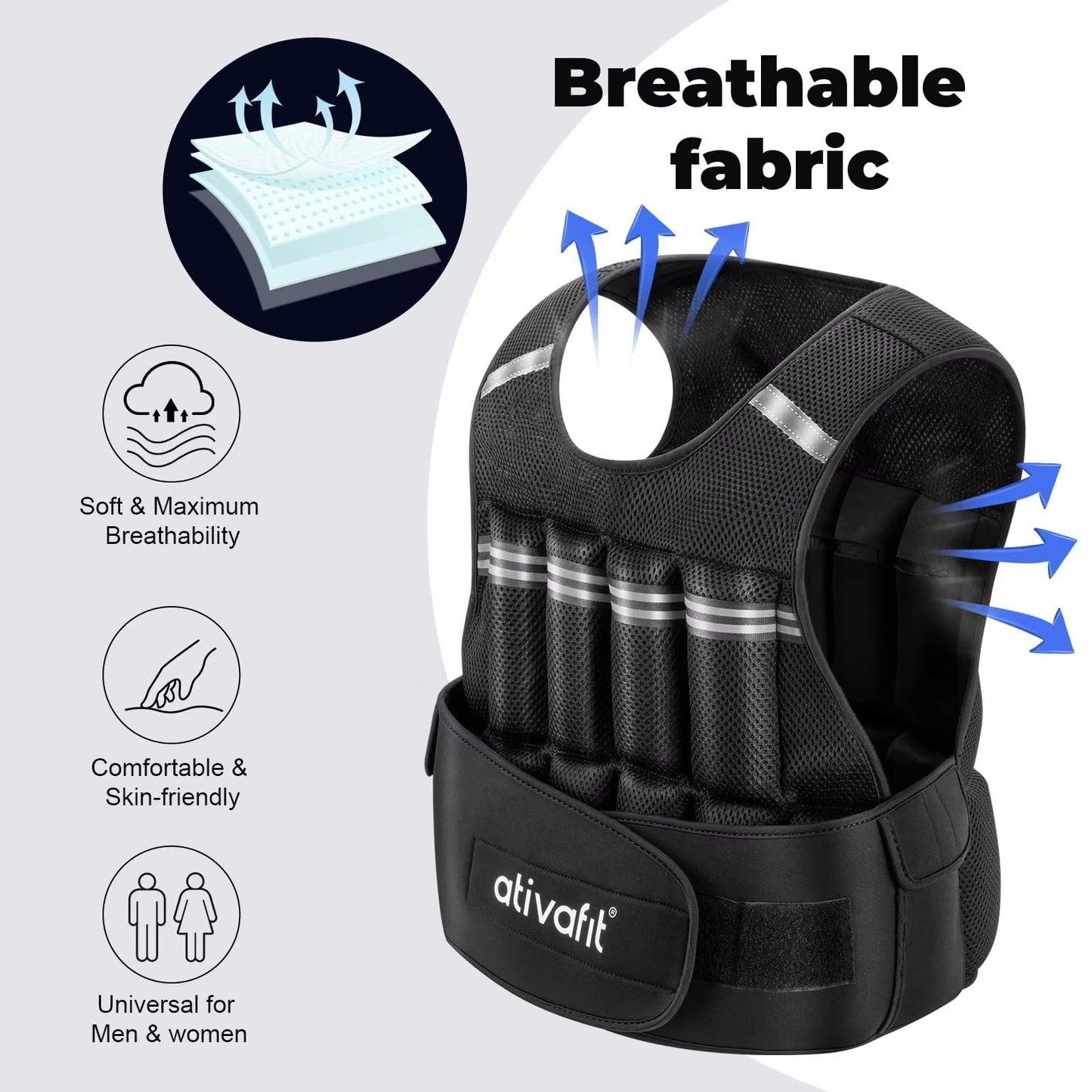 ATIVAFIT Fitness Weighted Vest Adjustable Reflective Vest for Running, Strength Training, Walking & Weightlifting (2‑22 lb)