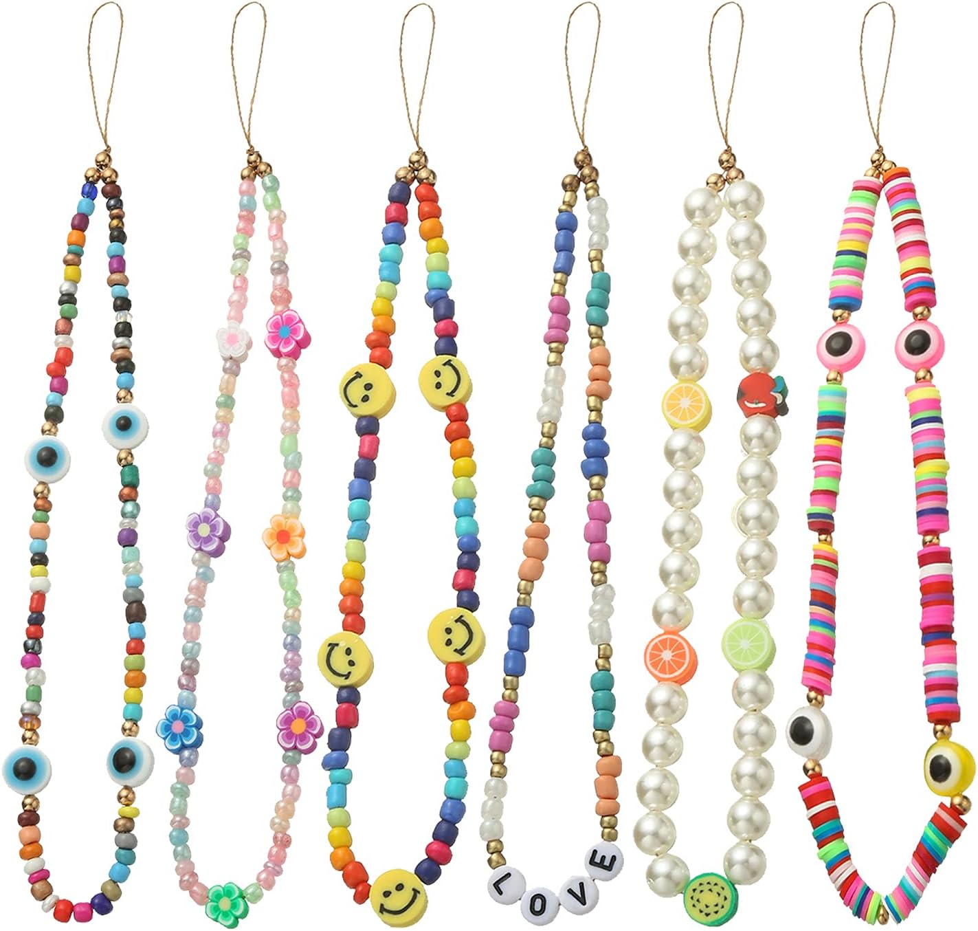 6PCS Taouzi Beaded Phone Charms Strap Fruit Star Faux Pearl Rainbow Beads Phone Chains Beaded Lanyard for Camera Key