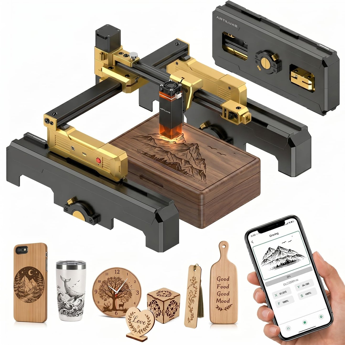 Artilume T1 Portable Laser Engraver, 3000mW Foldable Engraving Machine with Protective Case & App Control, Beginner Friendly Mini Laser Cutter for Small Business, DIY Crafts Wood Leather