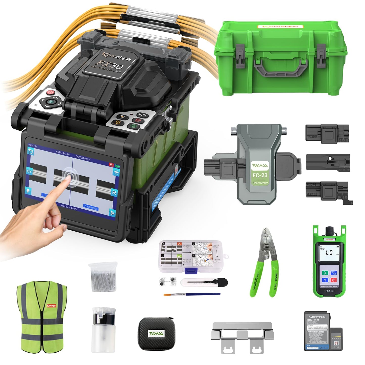 Komshine FX39 Fusion Splicer Fiber Optical 6s Fast Splicing, 6 Motors Touch Screen Core Alignment Fiber Splicer with 7800mAh Large Battery Capacity+5000 Electrodes Life+Power Meter -70~+10dB