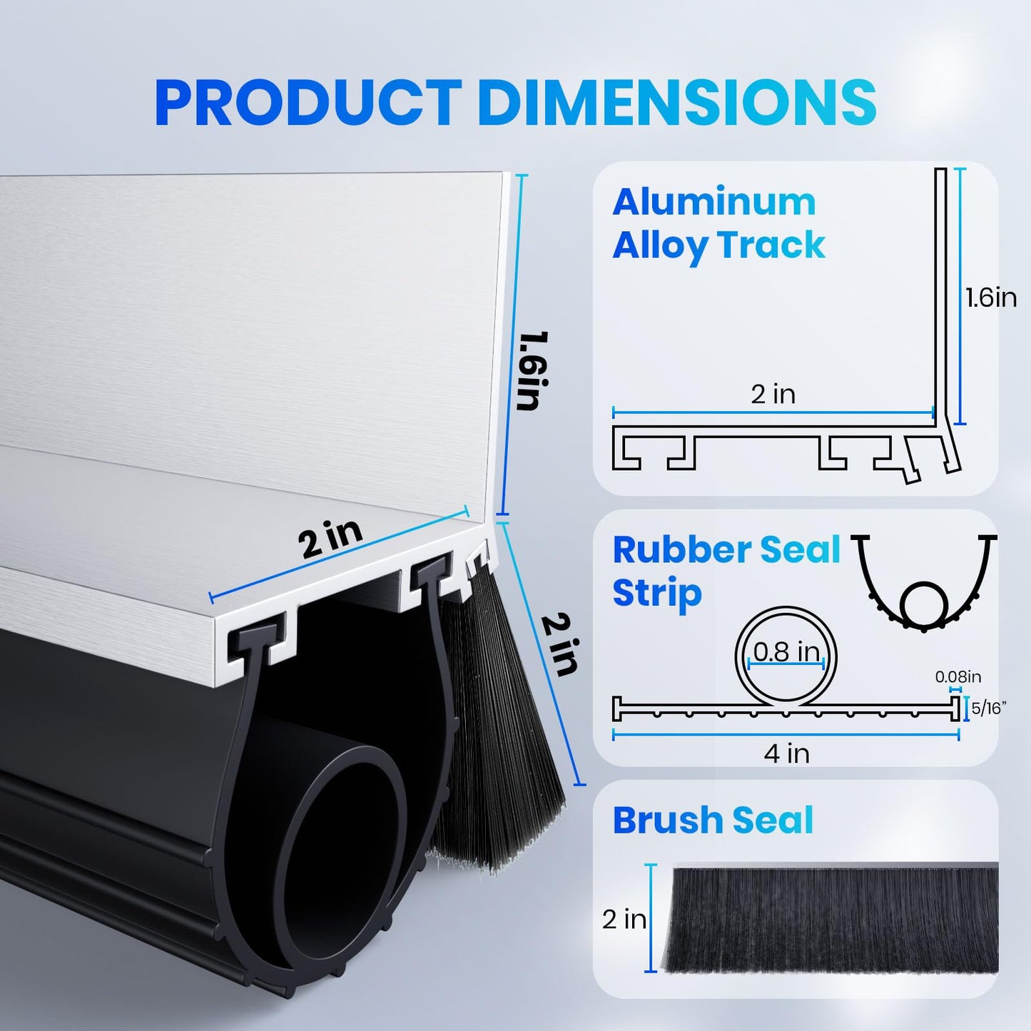 Professional Garage Door Seal Kit Fit for Steel/Wood Doors, Aluminum Garage Door Seal Track with 2" Brush+u+o EPDM Rubber Weatherstrip Dust & Heat Resistant，-40°f to 240°f, Pre-Drilled Holes (16.5 Ft)