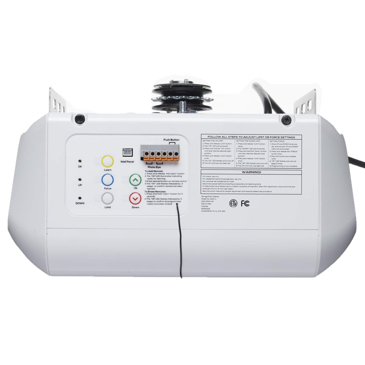 Workhorse BU100 Overhead Garage Door Opener with Heavy-Duty Chain Drive for Single or Double Doors, Wall Mount, and Remote Garage Opener Included, Quick and Easy Installation, White