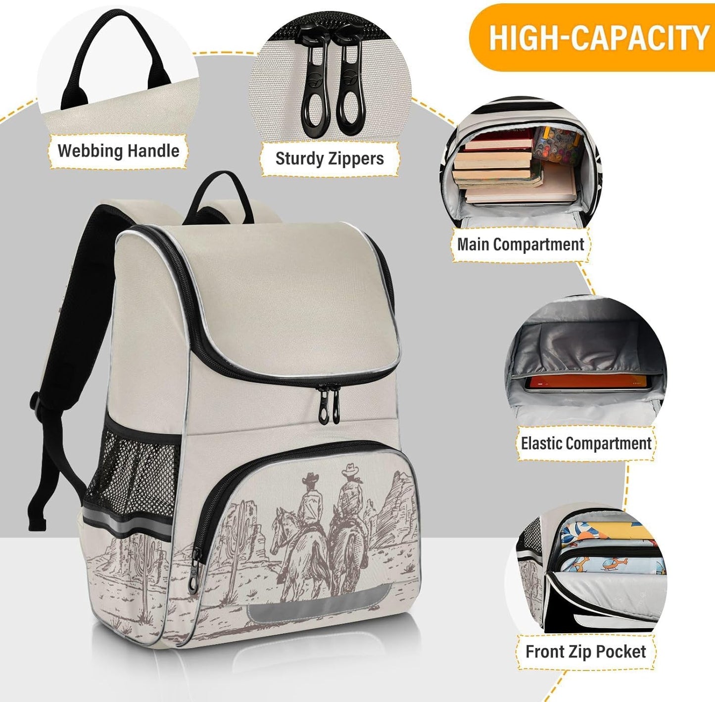 Backpack Western Desert Cowboy with Reflective Strip for Kids Boys Girls Elementary School Bag Removable Chest Strap