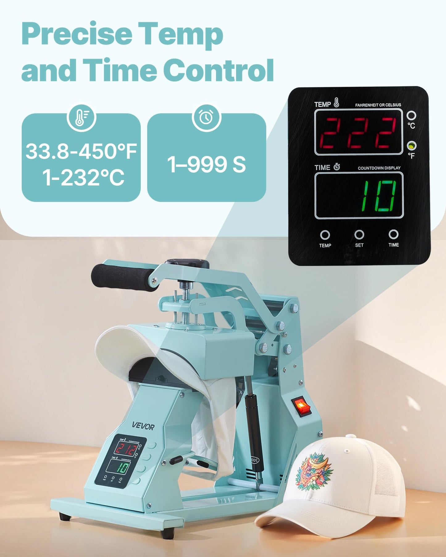 VEVOR Hat Heat Press Machine, with 2pcs Interchangeable Platens, Precise Temperature and Time Control, Hat Press for HTV Iron On and Sublimation Projects, for Caps, Headbands, Cuffs, Face Masks, Green