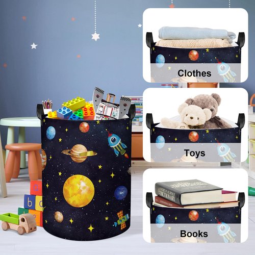 Clastyle 45L Boy Planets Nursery Hamper Outer Space Collapsible Laundry Basket Kid Room Rocket Toy Storage Basket