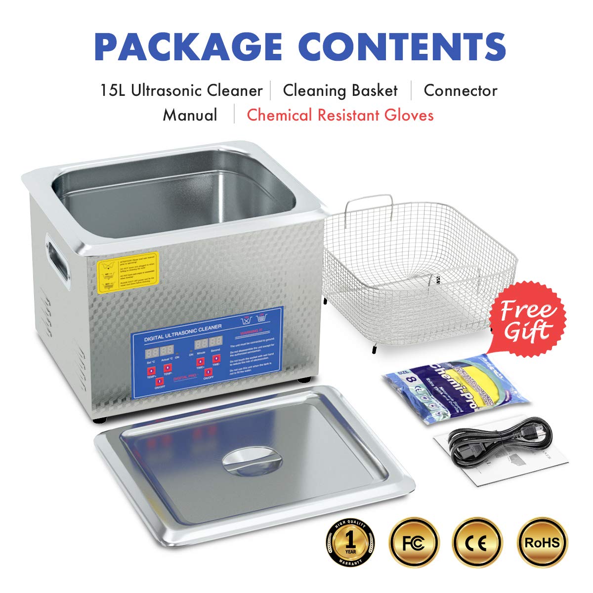 2024 Upgrade 600W Heated Ultrasonic Cleaner 15L Stainless Steel Sonic Bath for Guns Carburetors Injectors Parts and PCB with Free Rubber Gloves Gifts Use in Automotive and Firearm Industry DAREFLOW