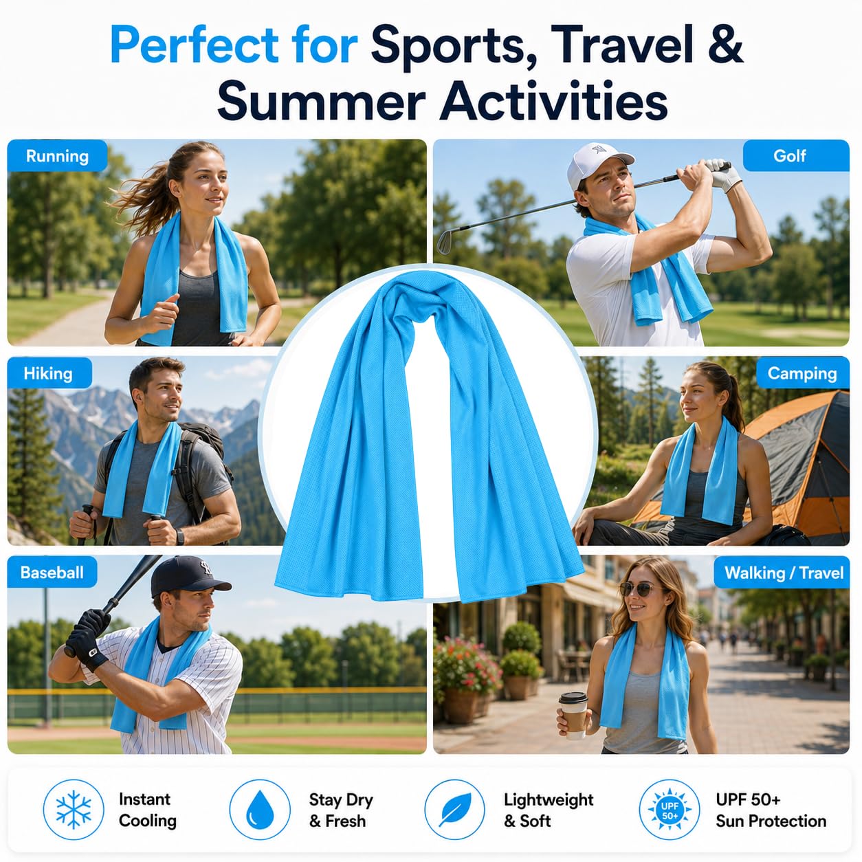 Cooling Towels 43.3" x 15.7" - Ice Towel, Sweat Towel, Cooling Towels for Neck & Face & Cooling Neck Wraps for Summer Heat - Neck Cooler for Quick Cool Down for Gym, Running, Golf, Yoga & Sports