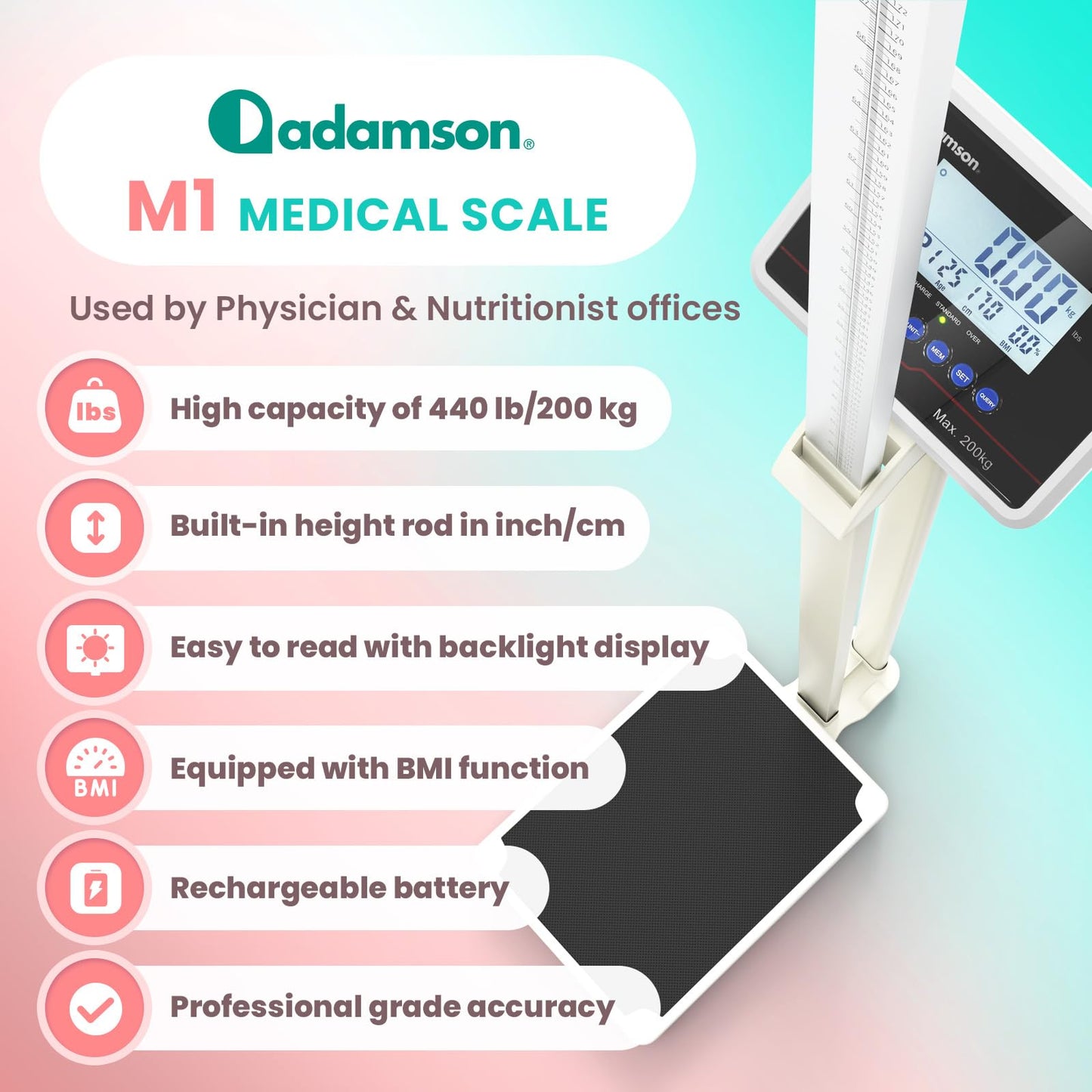 Adamson M1 Medical Scale, 440 lb/ 200 kg Capacity, BMI with Weight and Height, Professional Digital Scale for Body Weight, Home, Hospital, & Physicians, Heavy Duty - White