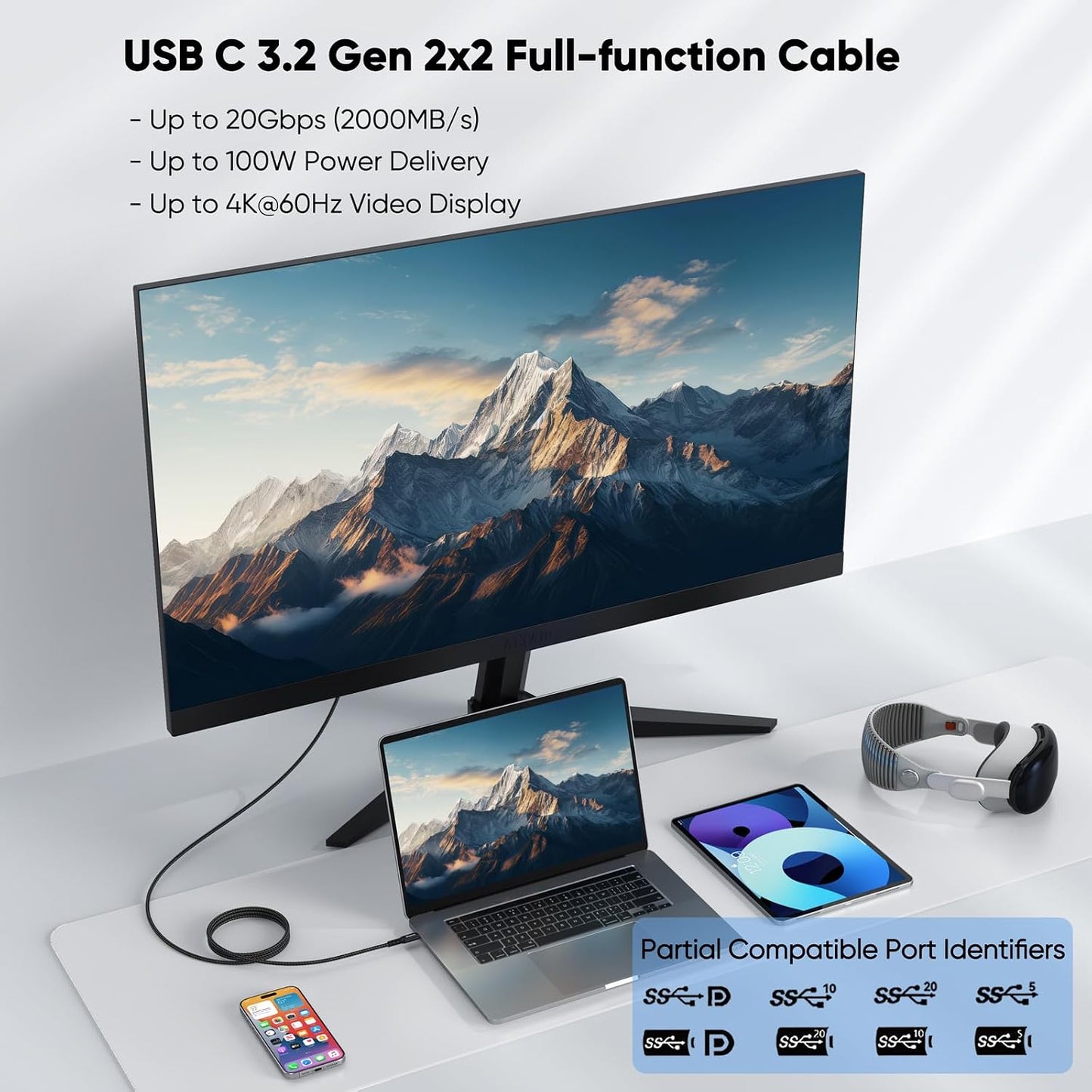 3FT, 4K@60Hz 3.2 2x2 20Gbps 100W USB C Monitor Cable Display Video, USB C Gen with High Speed Data Transfer, Fast