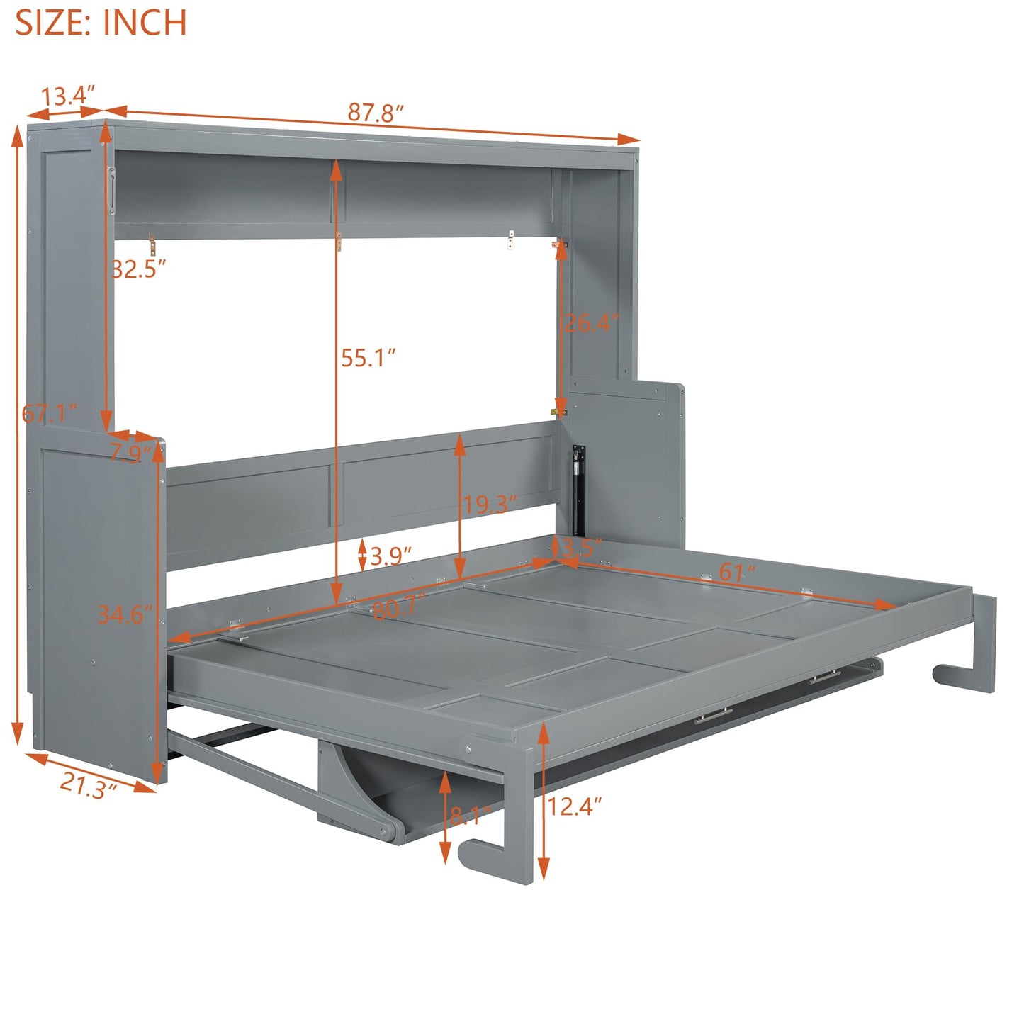 Ball & Cast Murphy Bed Queen Size Hideaway Beds with Hydraulic Lift & Desk Design,Industrial Multifunction Wood Wall Cabinets Bedframe W/Hardware Chain,Space-Saving for Apartment,Gray