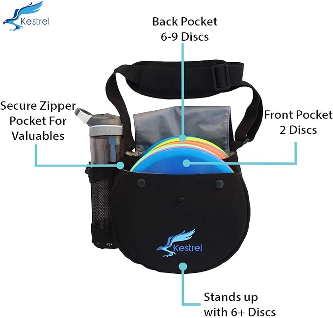 Kestrel Black Disc Golf Bag - Fits 6-10 Golf Discs + Bottle - For Beginner & Advanced Golfers - Extremely Durable Canvas - Frisbee Golf Bag - Small Sling/Shoulder Disc Golf Bag For Men & Women
