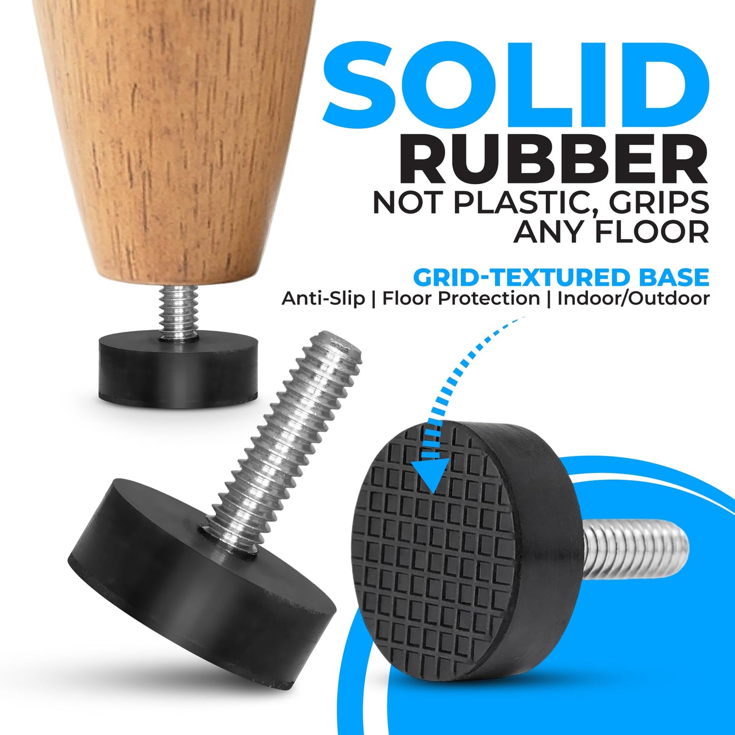 12 Pack All-Rubber 1/4"-20 UNC Leveling Feet with Inserts, Adjustable Levelers for Table Chair Stool Legs - 0.35" to 0.85" Height Range, Anti-Slip