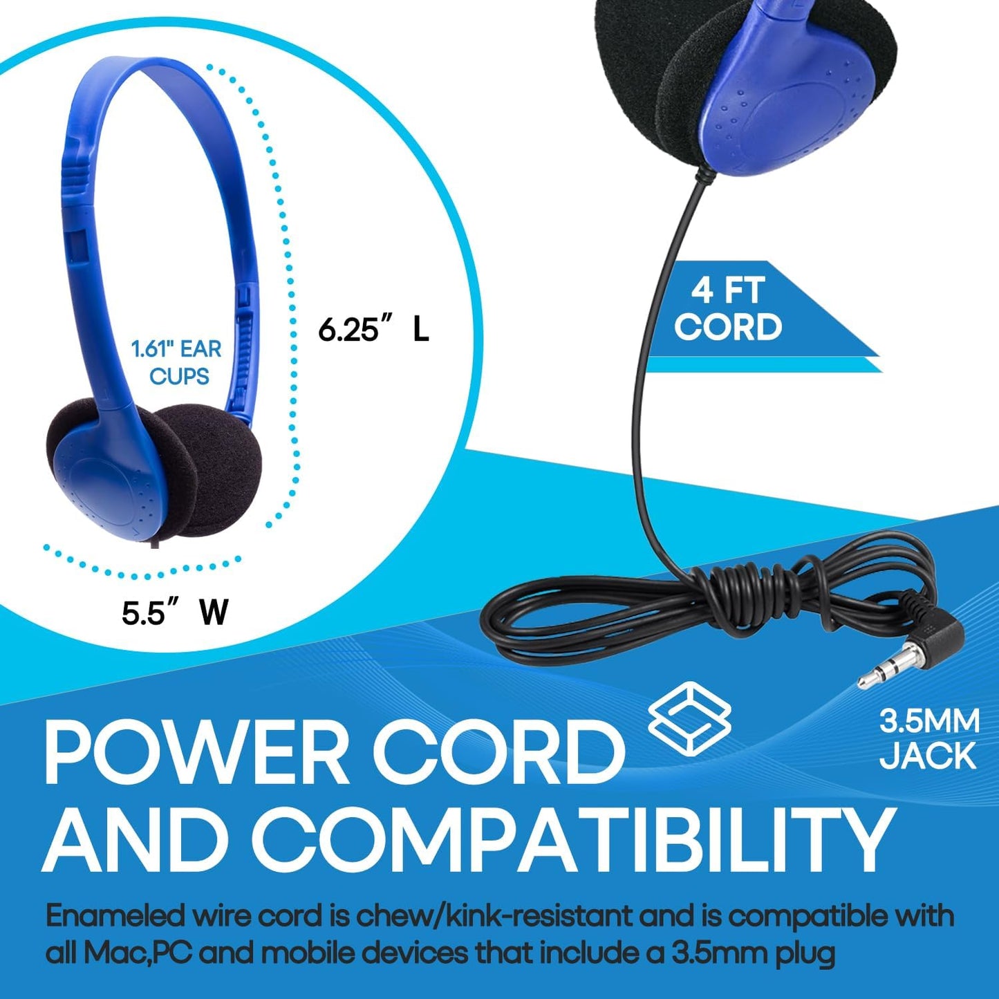 12 Pack Set 3.5mm 12 Pack) Classroom Headphones Bulk Class for School Students Kids and Adult -Sturdy Wired Plug (Blue