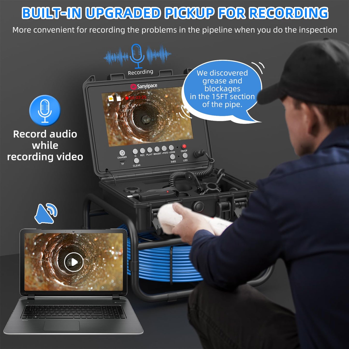 Sanyipace Drain Camera 100FT/30M, 23mm/0.9in FHD Sewer Inspection Camera, 5X Zoom, Distance Counter, 9" IPS Screen, DVR & Voice Recorder, 16GB Card, for Sewer Line, Pipe, Duct, Plumbing, Plumber, Home