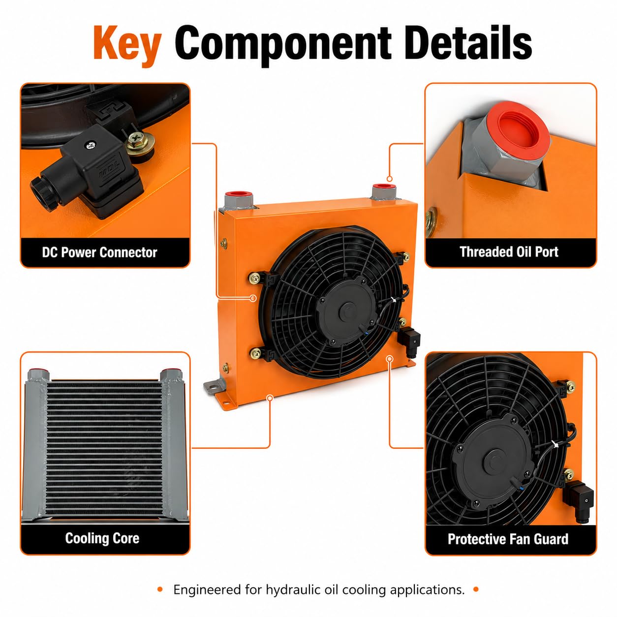 AH1012T-CA Hydraulic Oil Cooler 12VDC 120W Air Oil Cooler 100L/min 2MPa Hydraulic Radiator with Fan for Hydraulic Systems, Industrial Machinery, Excavator, Tractor Cooling