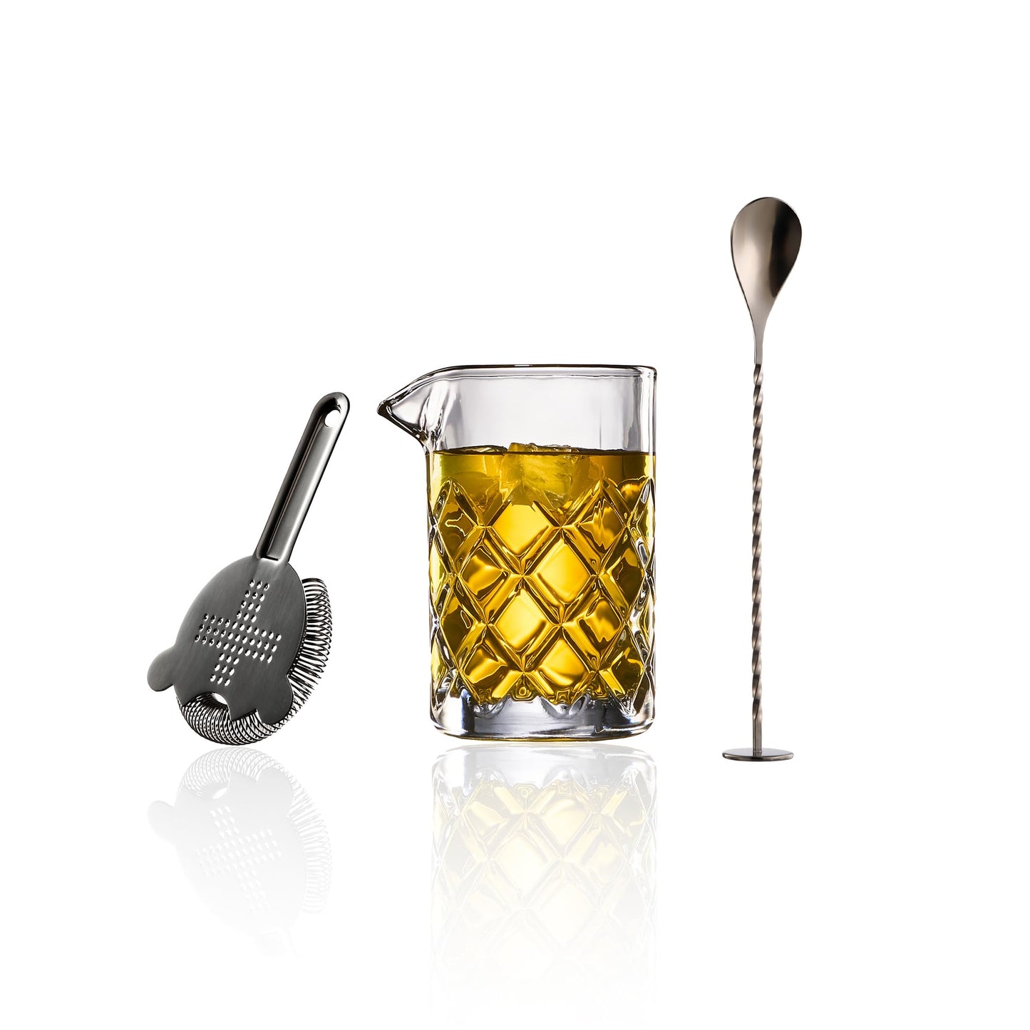 Fioance Cocktail Mixing Glass Set, Bar Mixing Set with 13.5oz Crystal Thick Bottom Glass,Spoon with Muddler and Strainer, Sturdy Hand Blown Seamless Crystal, Gift for Amateurs and Bartenders.