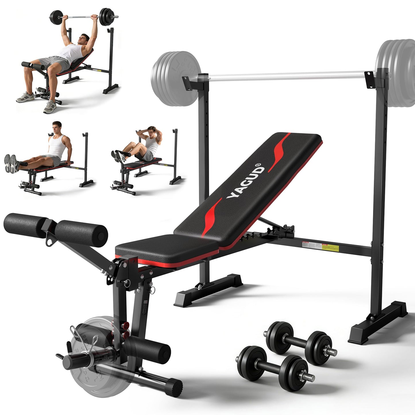 Weight Bench Set, 880LBS Adjustable Bench Press Set with Leg Extension and Barbell Rack, Safety Bar Catches, Fasting Foldable Workout Benches for Home and Gym