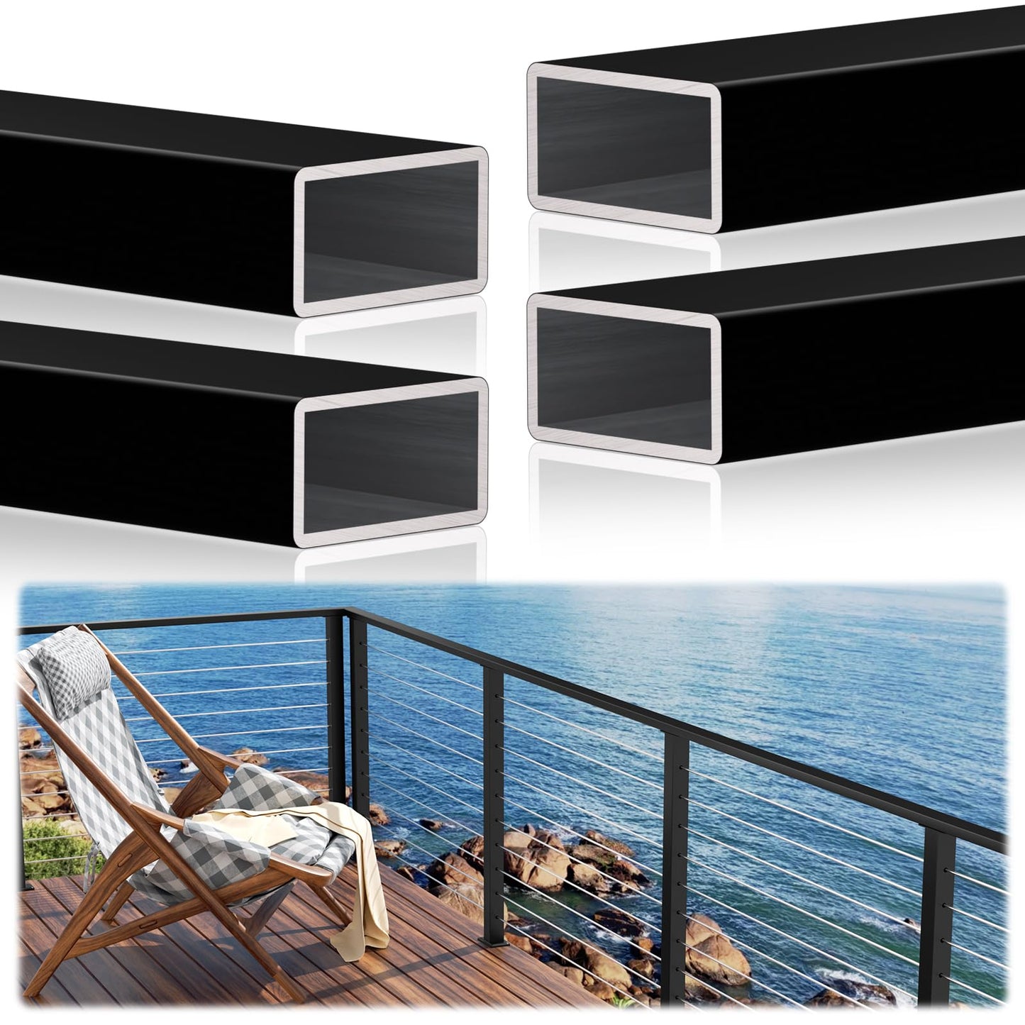 4 Pack 10FTx 2"x1" Aluminum Black Handrail with Self Drilling Screws Nylon End Caps, AAMA 2604 Coating, 2.8mm Thick Flat Handrail Cuttable Top Rail for Deck Stair Railing Indoor Outdoor