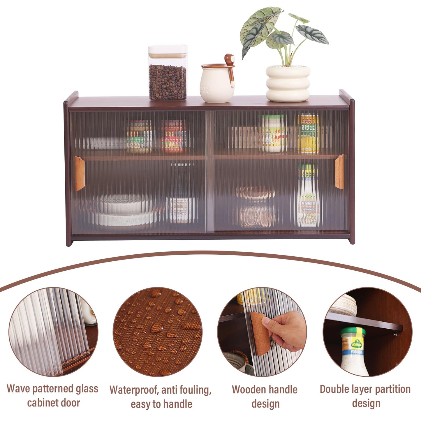 Tiita Small Kitchen Pantry Cabinet, Bamboo Wall Sideboard with Glass Doors, Cupboard Food Pantry Cabinet for Kitchen, Living Room and Dinning Bedroom