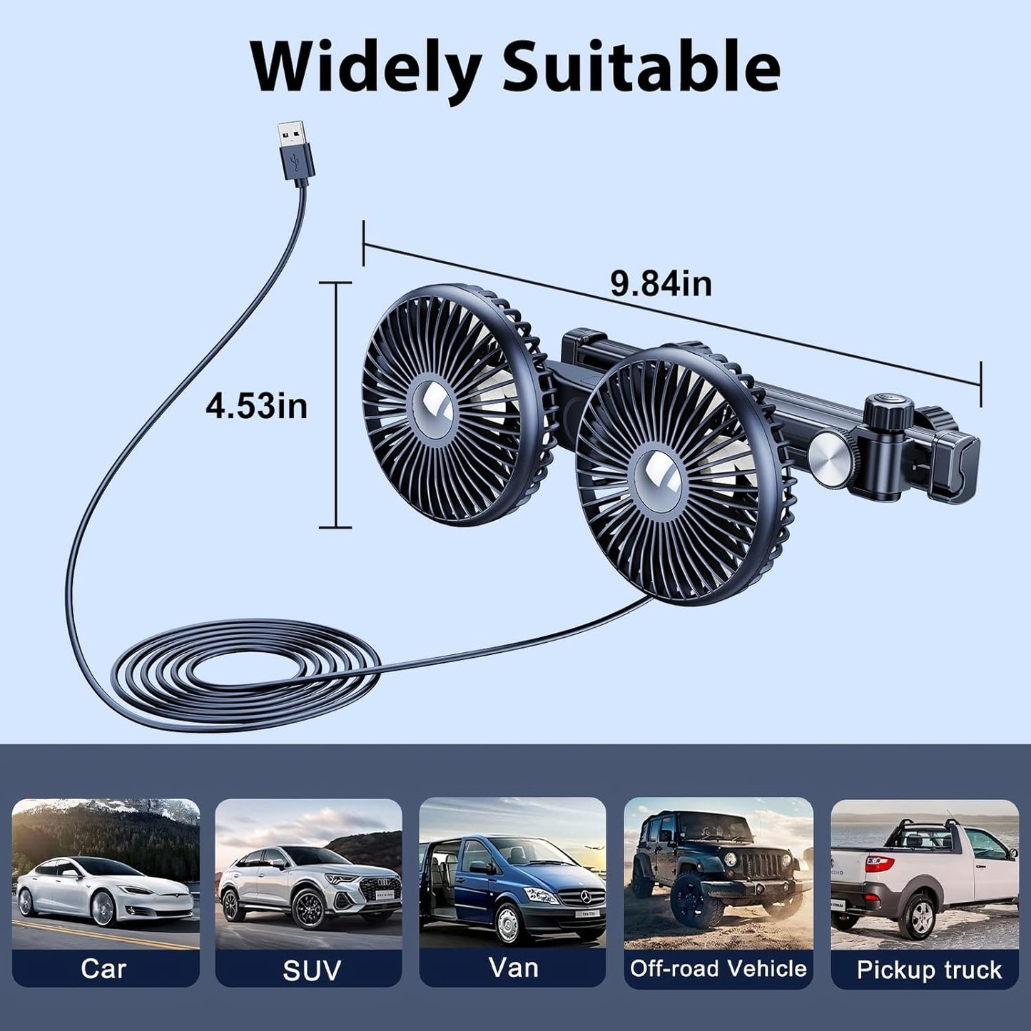360 3 Car Fan for Backseat kids with Retractable Long Arm, [Comes with Car Charger] USB Car Seat Fan Headrest Degree
