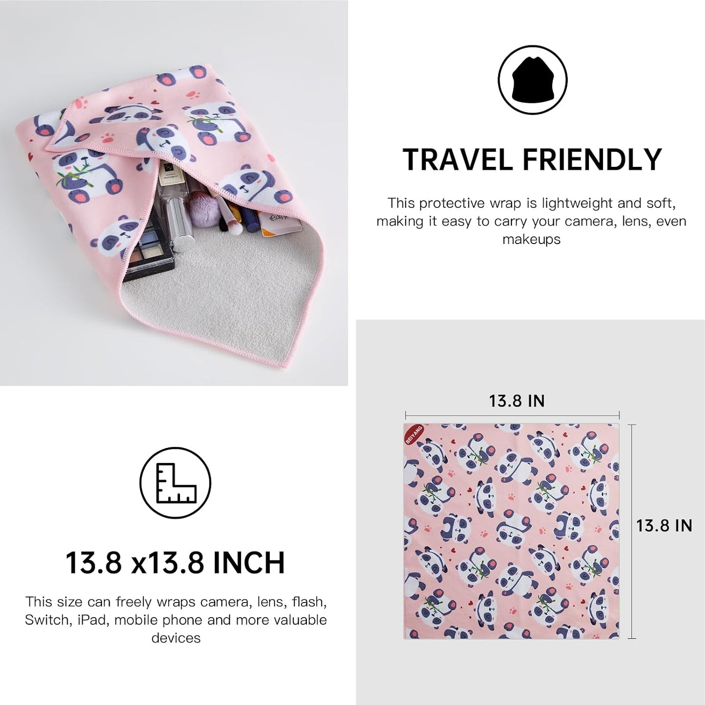 13.8x13.8 Inch Camera Protective Wrap, Lens Protector Wrapper, Pink Panda Pattern Magic Self-Adhesive Cloth