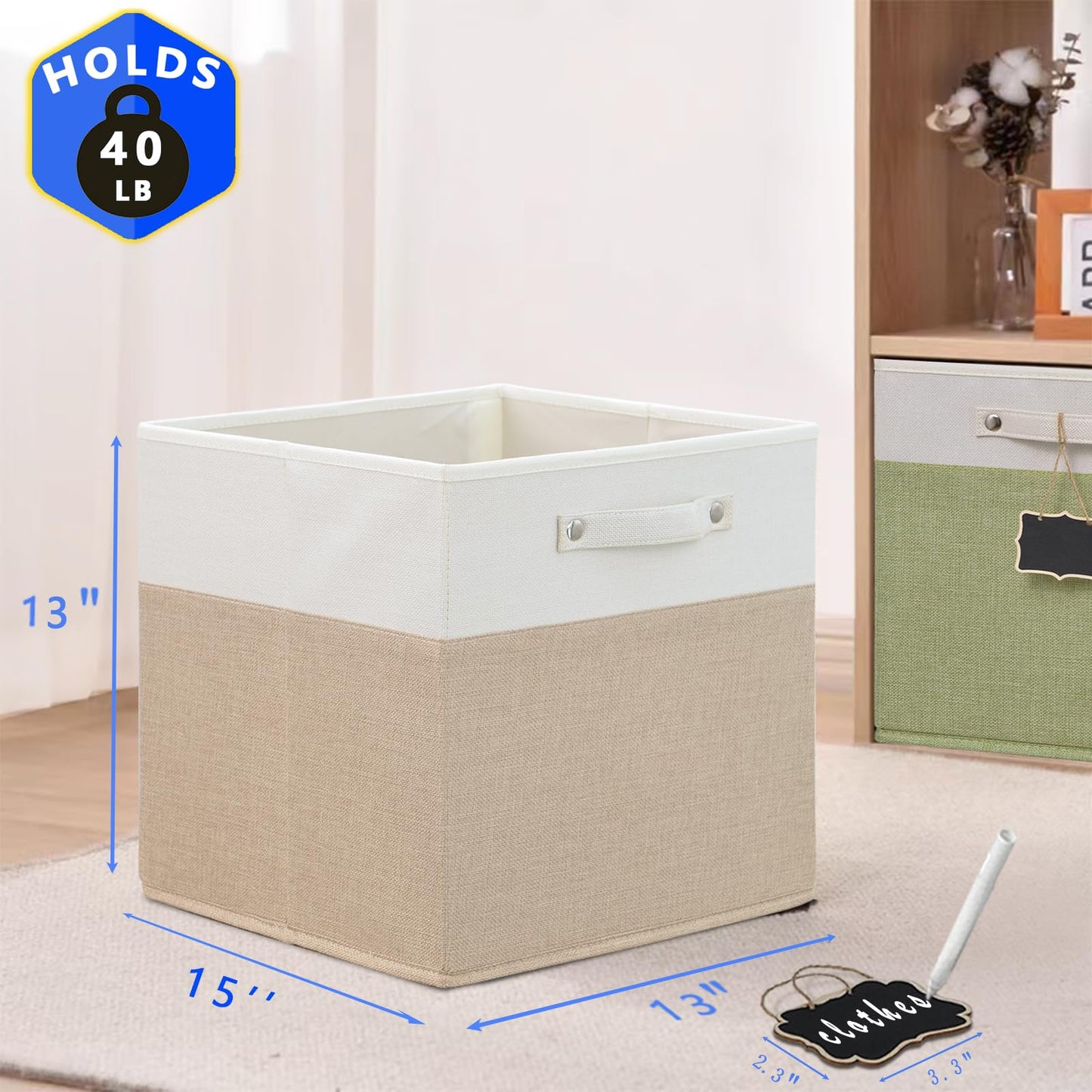 Dyvavna Storage Cubes,13x15x13 storage cube bins Set of 4,Foldable Fabric Storage Cubes with Labels,Linen Cube Storage Organizer Bins Kallax Storage Cubes for Organizing Shelves Cabinet(White Khaki).