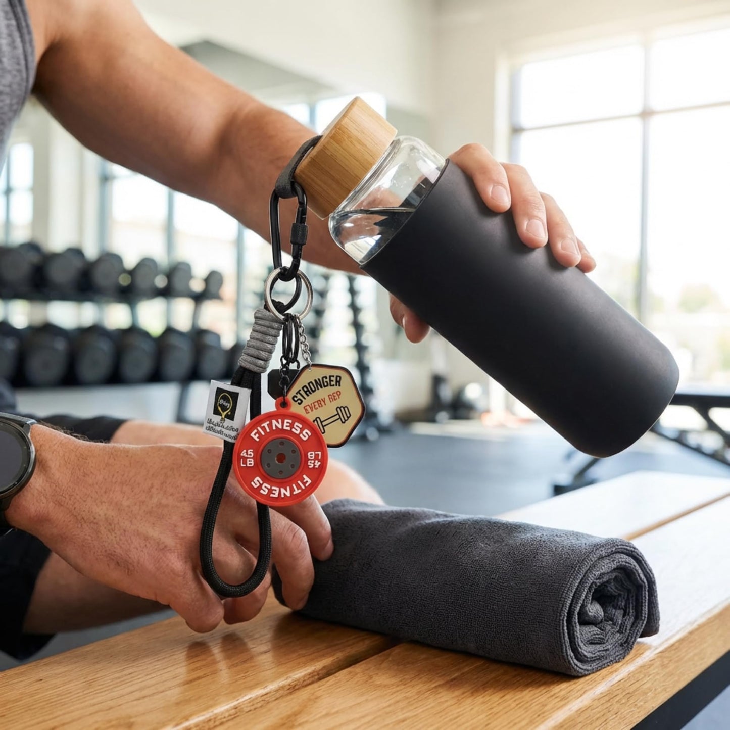 GYMMAJOR Gym Keychain with Motivational Quote Badge & Carabiner Clip - Workout Accessories Dumbbell Charms for Gym Bag Water Bottle (Black&Red)