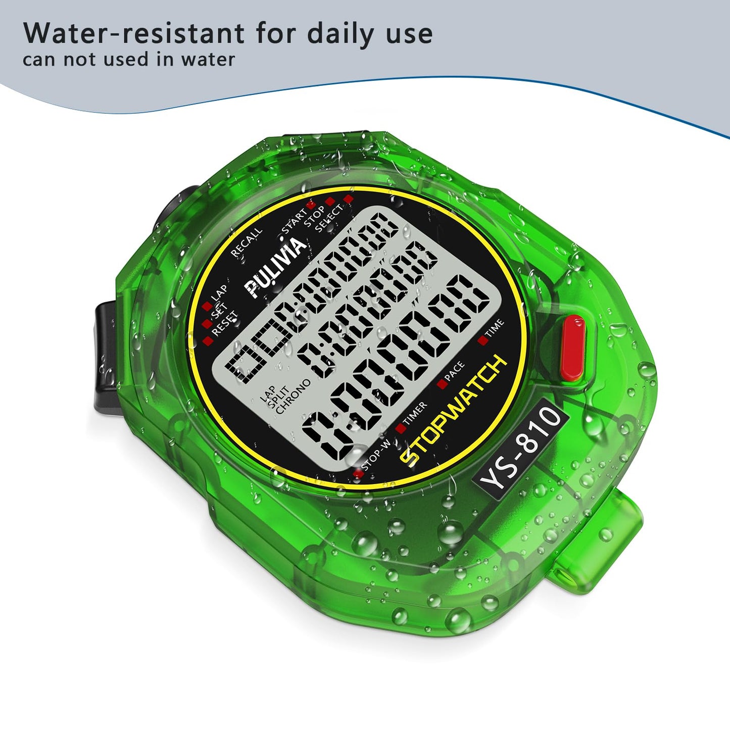 PULIVIA Stopwatch Timer 10 Splits/Laps Digital Stop Watch for Sports, Countdown Alarm Clock Date Memory Recall Large Display, Stopwatch for Coaches PE-Teacher Referee, Green