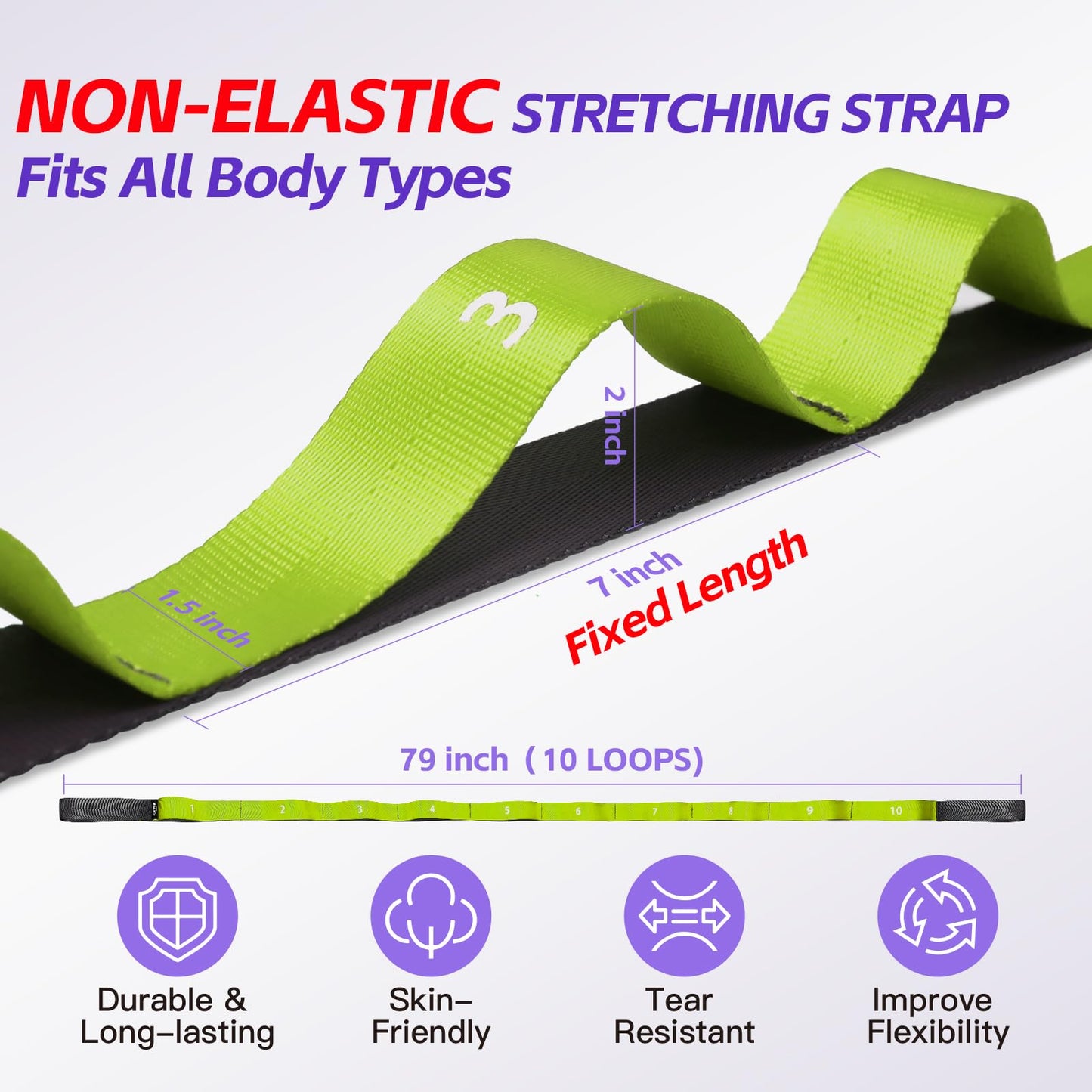 Non Elastic Stretching Strap with Loops - Yoga Straps for Physical Therapy, Durable Stretch Bands for Exercise, Flexibility Training, Hamstring & Leg Stretcher, Yoga/Pilates/Gymnastics - Green