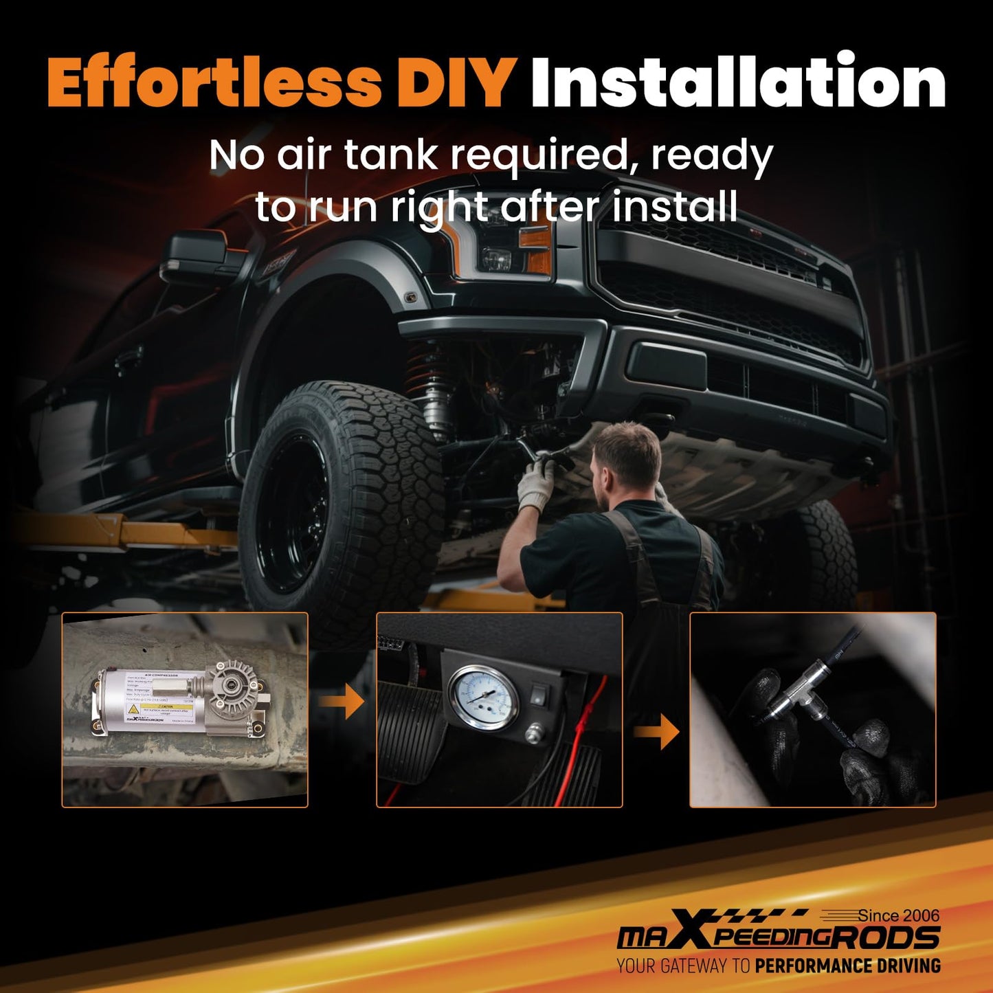 maXpeedingrods On Board Air Compressor System Up to 120 PSI Air Bag Compressor Kit with Analog Gauge Air Line T Fittings Single Path System for Trucks Vans