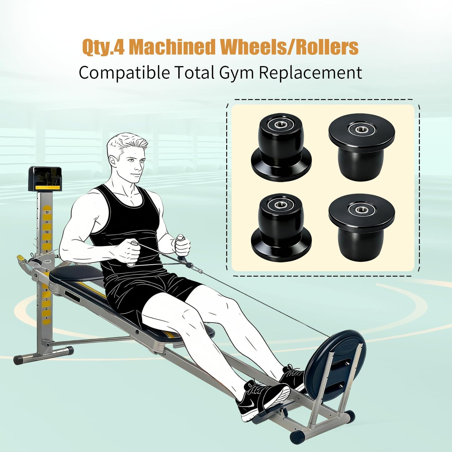Vsttar Qty.4 Machined Wheels/Rollers Compatible with Total Gym Replacement, Fits Models XL, XLS, & Fit with Bearings Thru Hole of 1/4'' in Diameter, Black