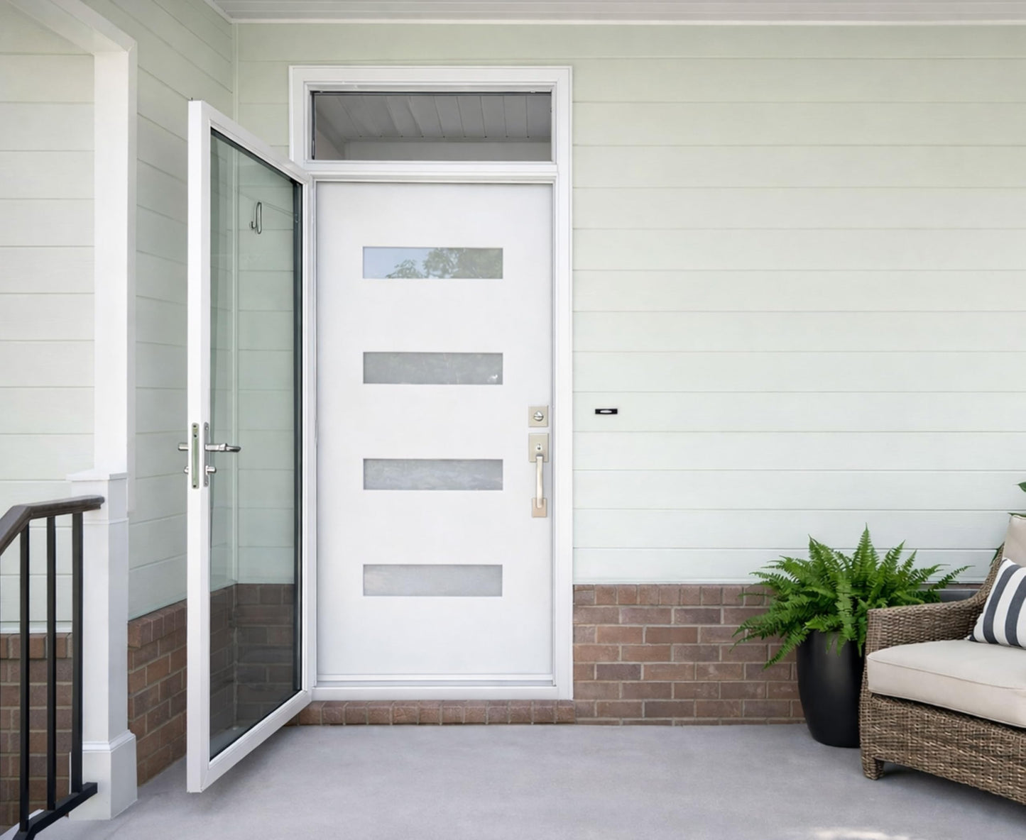 KHSHOW 36 x 80 Fiberglass Entry Door with Brickmould, 4-Lite Frosted Glass - Contemporary Style for Home's Front Entrance, Left Hand Inswing, Vinyl Frame, Primed Knock-Down Entry Door