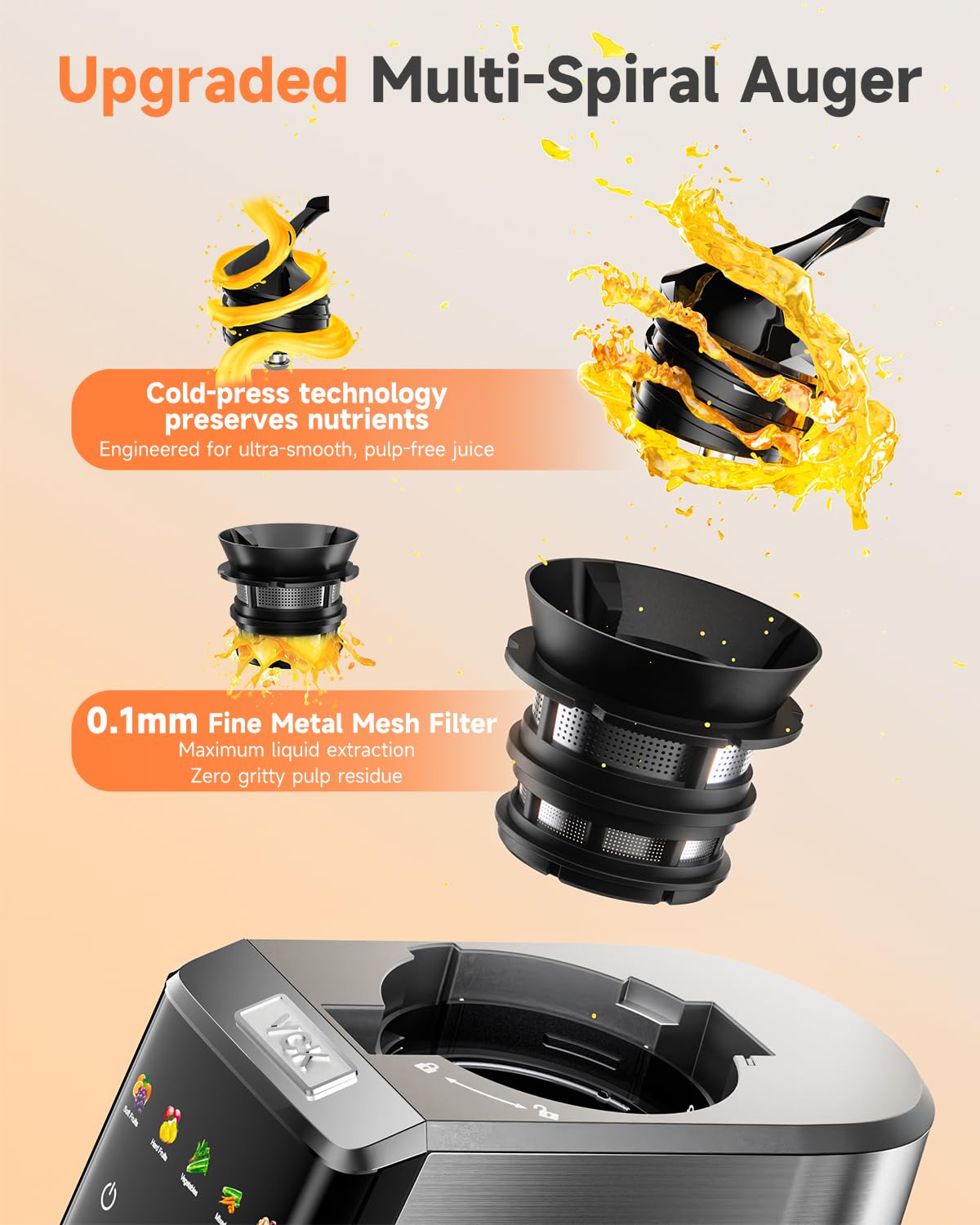 Cold Press Juicer with Large 5.12" Feed Chute- Slow Masticating Technology for Nutrient Retention, Quiet Motor, High Juice Yield, Leakproof Base- Perfect for Fruits Vegetables & Leafy Green