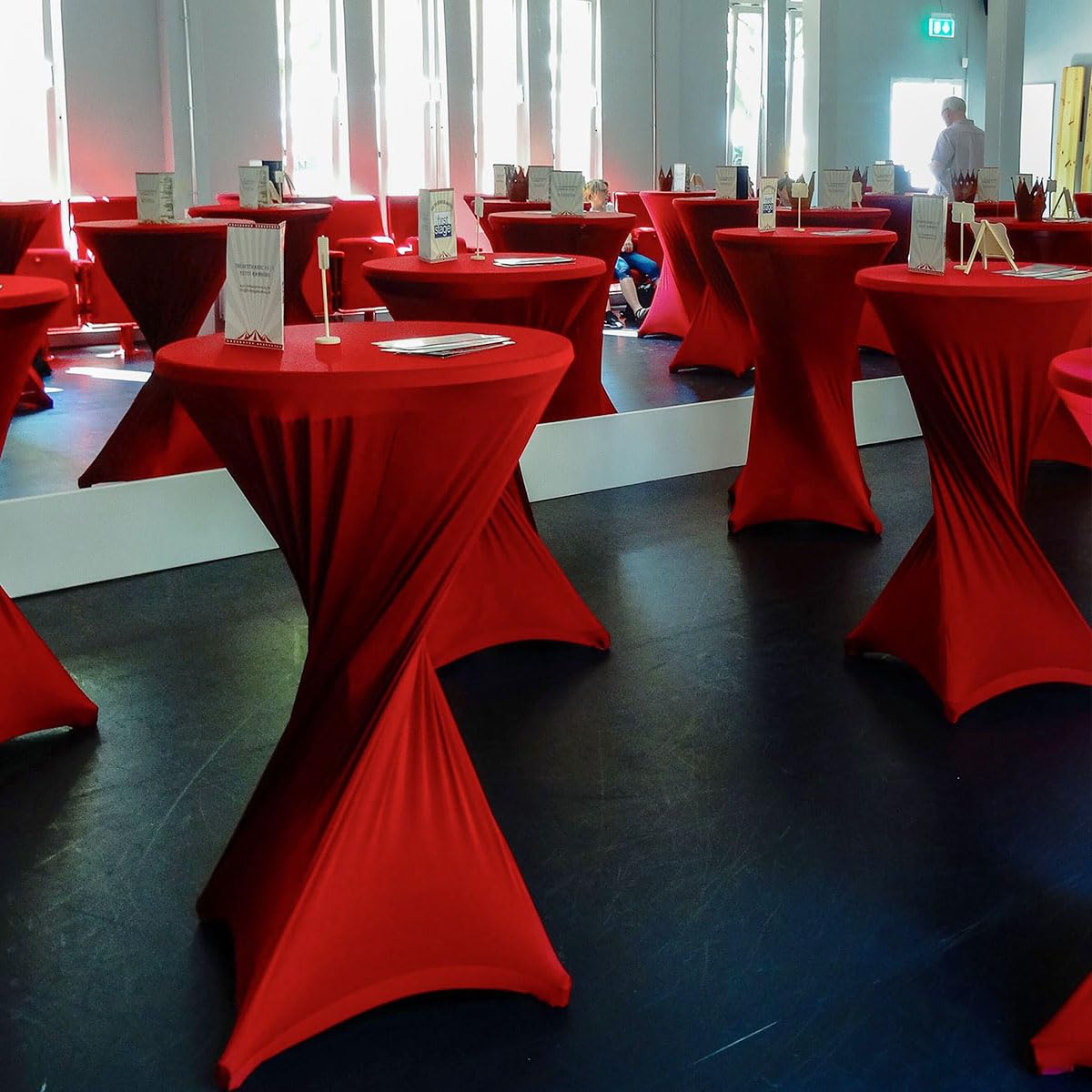 Albassa 2 Pack Cocktail Table Covers 32"x43" Spandex Stretch Highboy Top Tablecloth Fitted Round Table Cloths for Bar Wedding Cocktail Party Banquet Tables (2, Red, 32"x 43")
