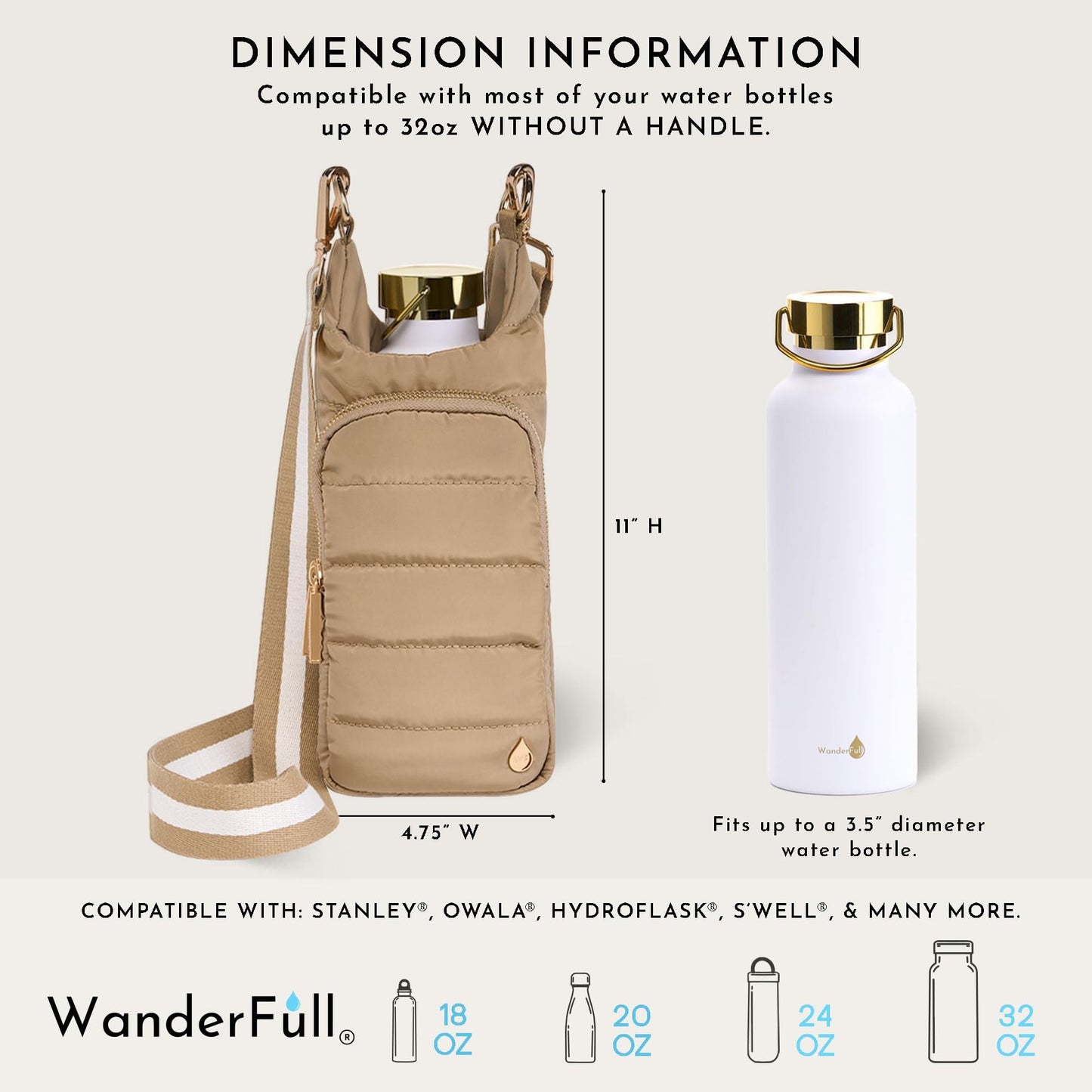 WanderFull® Original HydroBag® Fits Up to 32 oz Water Bottle Holder with Strap - Hands-Free Crossbody Water Bottle Carrier Bag with Phone Pocket - Khaki HydroBag with Striped Strap, Mother’s Day Gift