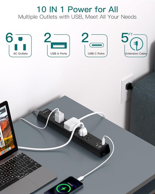 Addtam Surge Protector Power Strip - 6 AC Outlets & 4 USB Ports, 1875W Flat Plug for Home & Office