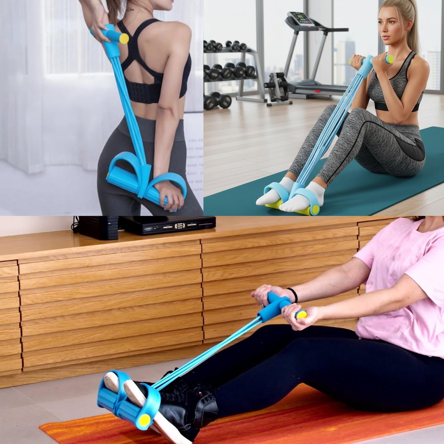 Pedal Resistance Band with Handle, Blue 8 Tube Multifunction Fitness Bands for Full Body Workout, Abdominal, Leg, Arm, Back Slimming Training