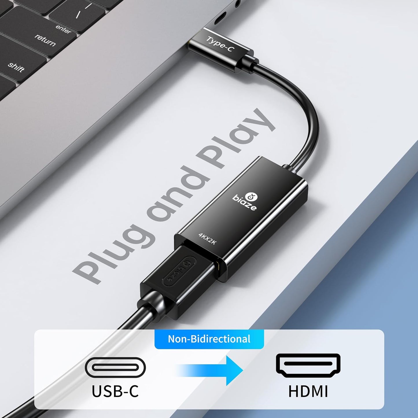 biaze 4K@60Hz, M1/M2, 15/14, USB C to HDMI Adapter Type-C Thunderbolt with Dynamic HDR, Compatible with MacBook Pro/Air