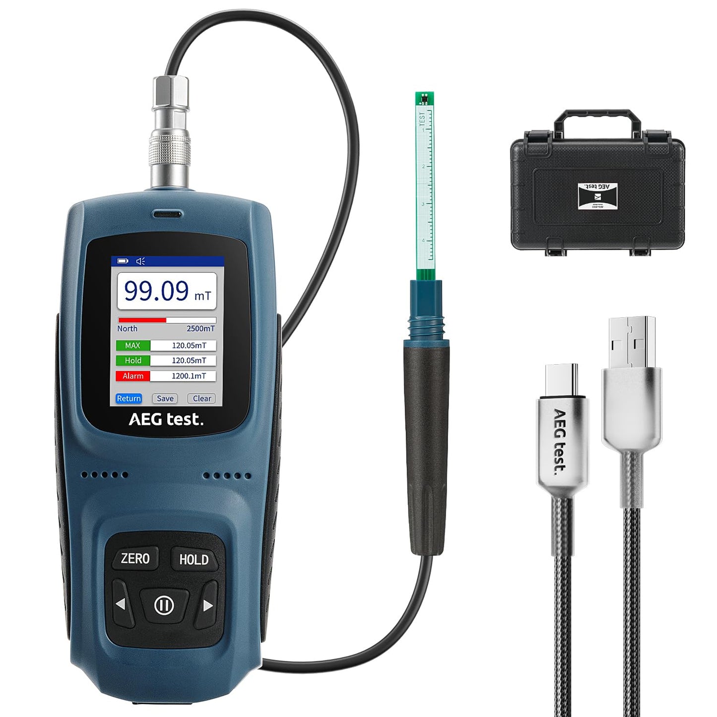 AEGTEST 8103 Gauss Meter, Rechargeable Tesla Meter 0-2500mT, Transverse Probe, Magnetometer with Data Logging and Alarm, Magnetic Field Strength, ±2% Industrial Accuracy for Quality Control, Labs