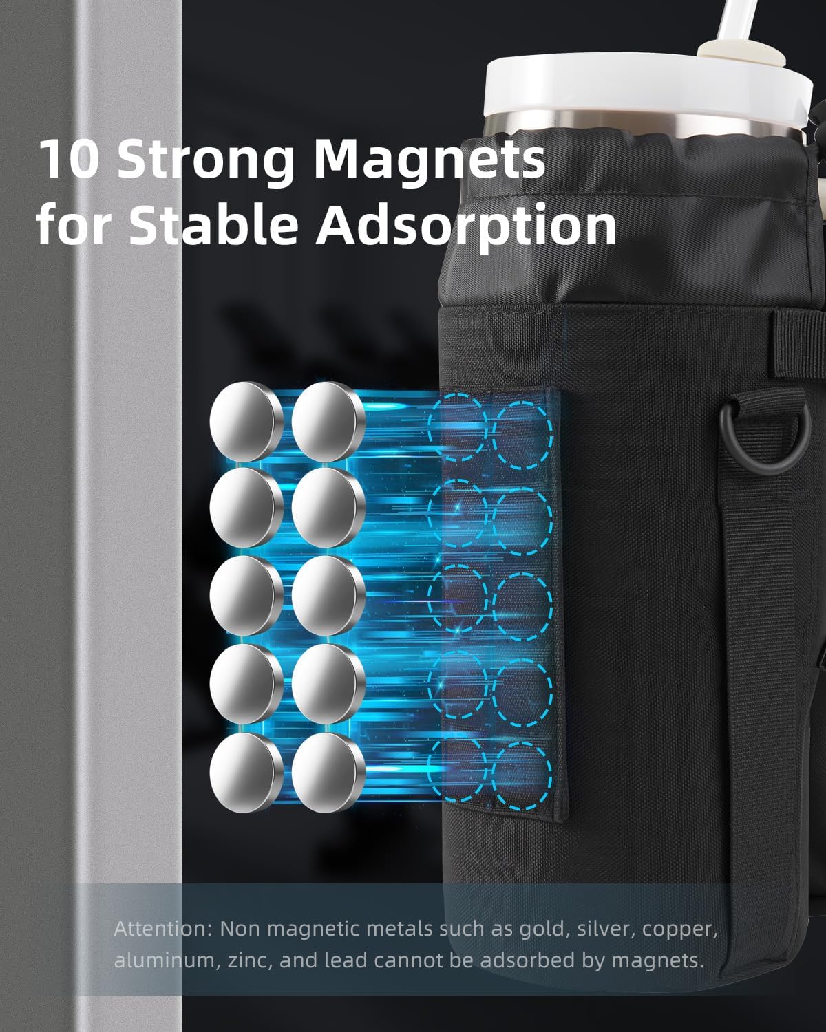 Nefeeko Magnetic Water Bottle Holder with Detachable 2-in-1 Phone Bag, 10 Strong Magnets Gym Pouch for Metal Surfaces, Fits 20-40 Oz Tumblers with Handles, Heavy-Duty 600D Oxford Sling Carrier