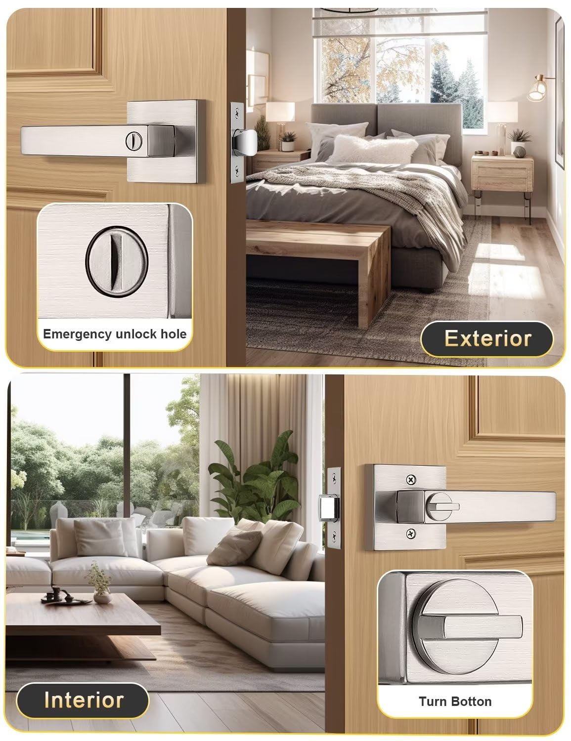 Tinewa 10 Pack Privacy Square Brushed Nickel Door Handles Interior, Keyless Door Knobs for Bedroom/Bathroom, Reversible for Left Right Handed Doors